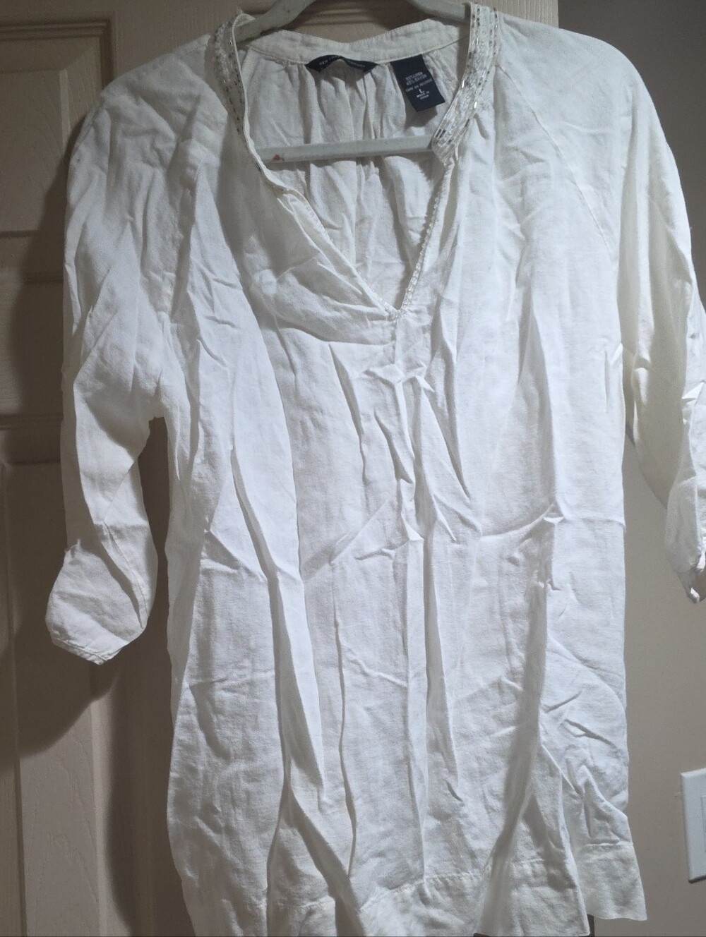 New York & Company White V-Neck Embellished Tunic Top